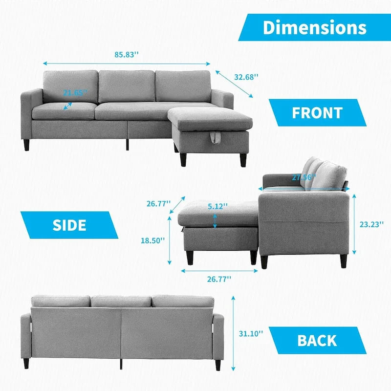 Mixoy Convertible L-Shaped Sectional 3-Seat Sofa with Storage Ottoman,Reversible Chaise - 85.83in x 27.95in x 30.71in