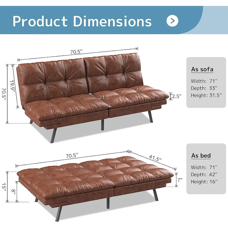 Futon Sofa Bed, Memory Foam Foldable Couch Convertible Loveseat Sleeper Daybed with Adjustable Armrests for Small Space