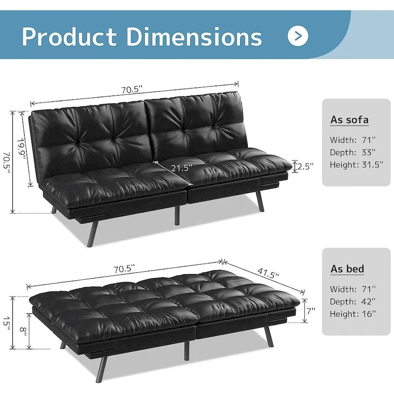 Futon Sofa Bed, Memory Foam Foldable Couch Convertible Loveseat Sleeper Daybed with Adjustable Armrests for Small Space