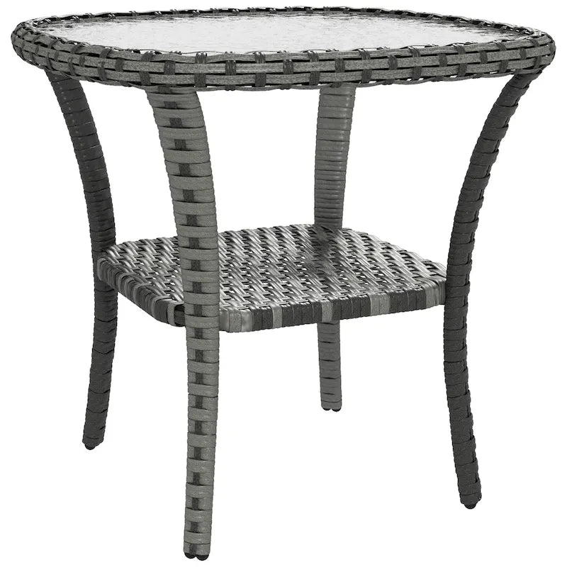 Outsunny Rattan Coffee Table with Storage Shelf, Wicker Side Table with Glass Top, Outdoor End Table for Garden, Porch, Backyard
