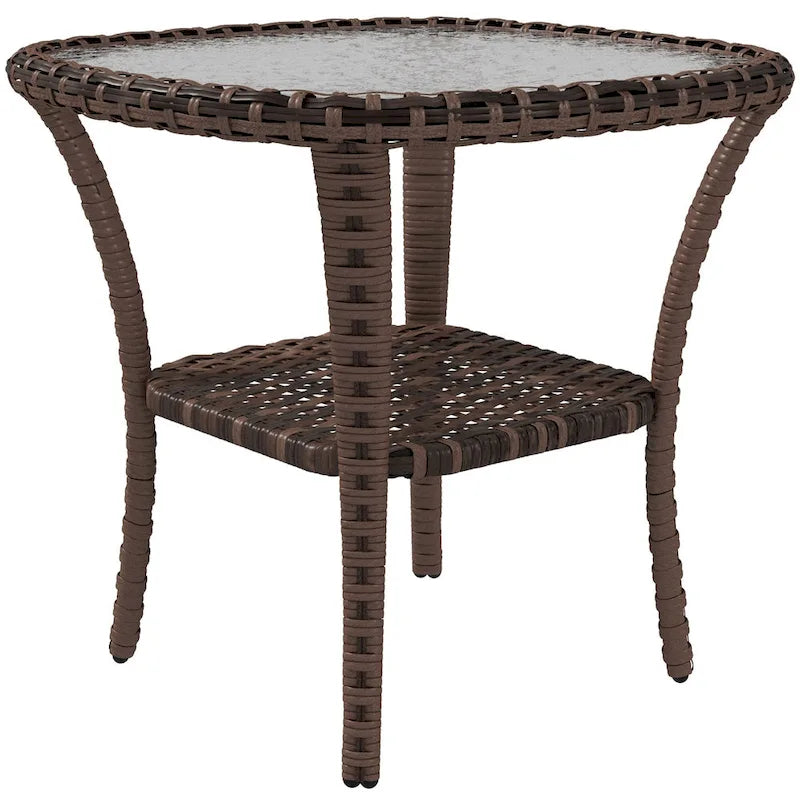 Outsunny Rattan Coffee Table with Storage Shelf, Wicker Side Table with Glass Top, Outdoor End Table for Garden, Porch, Backyard