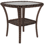 Outsunny Rattan Coffee Table with Storage Shelf, Wicker Side Table with Glass Top, Outdoor End Table for Garden, Porch, Backyard