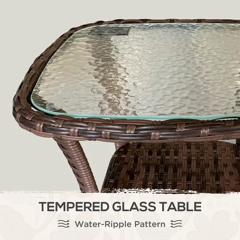 Outsunny Rattan Coffee Table with Storage Shelf, Wicker Side Table with Glass Top, Outdoor End Table for Garden, Porch, Backyard