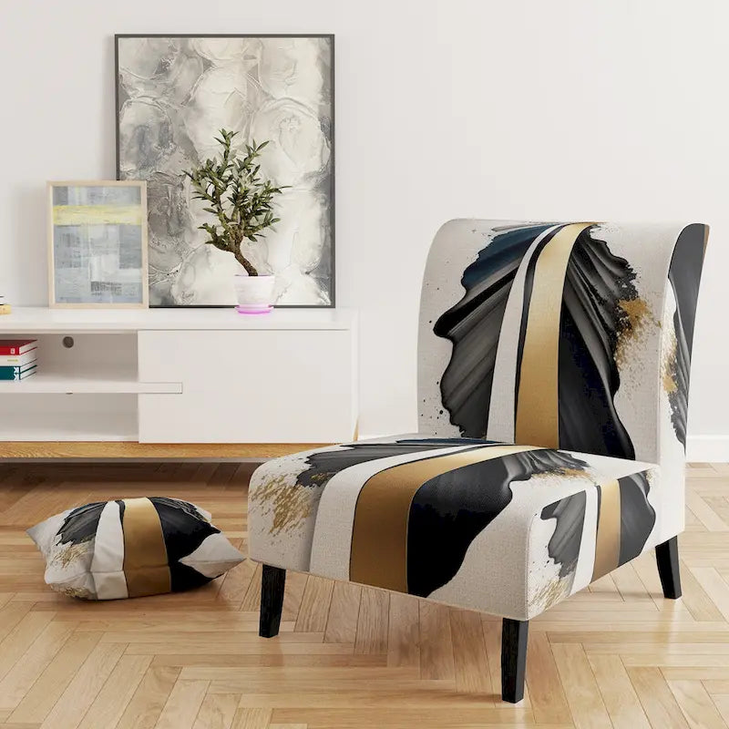 Designart  Black And Gold Cubic Expression VII  Upholstered Modern & Contemporary Accent Chair and Modern Arm Chair