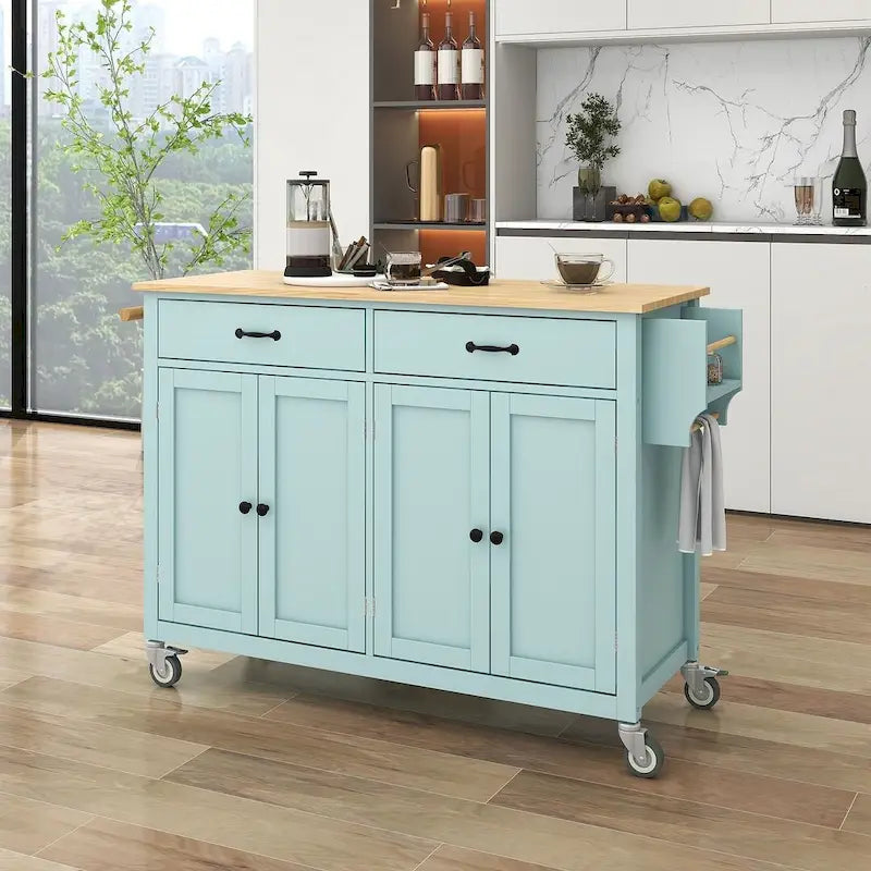 54.3  W Solid Wood Countertop Kitchen Cart with 4 Door Cabinet and 2 Drawers