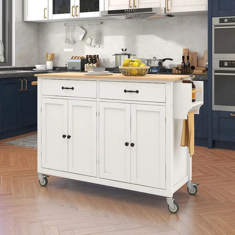 54.3  W Solid Wood Countertop Kitchen Cart with 4 Door Cabinet and 2 Drawers