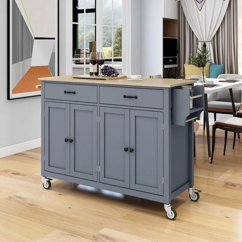 54.3  W Solid Wood Countertop Kitchen Cart with 4 Door Cabinet and 2 Drawers