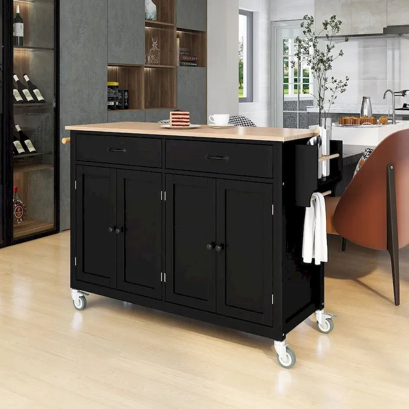 54.3  W Solid Wood Countertop Kitchen Cart with 4 Door Cabinet and 2 Drawers