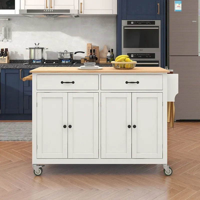 54.3  W Solid Wood Countertop Kitchen Cart with 4 Door Cabinet and 2 Drawers