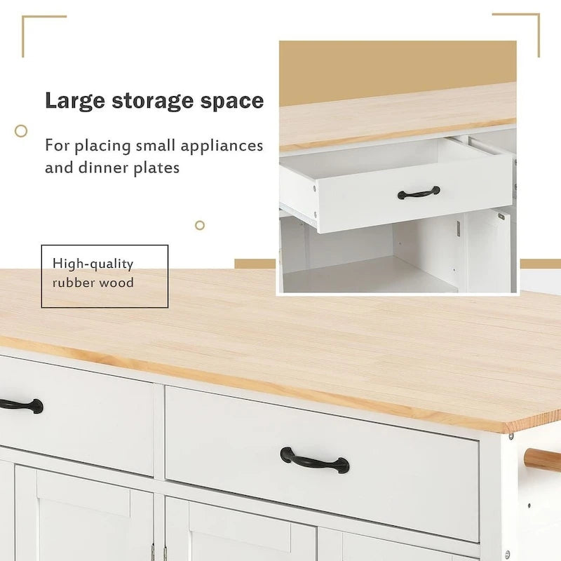 54.3  W Solid Wood Countertop Kitchen Cart with 4 Door Cabinet and 2 Drawers