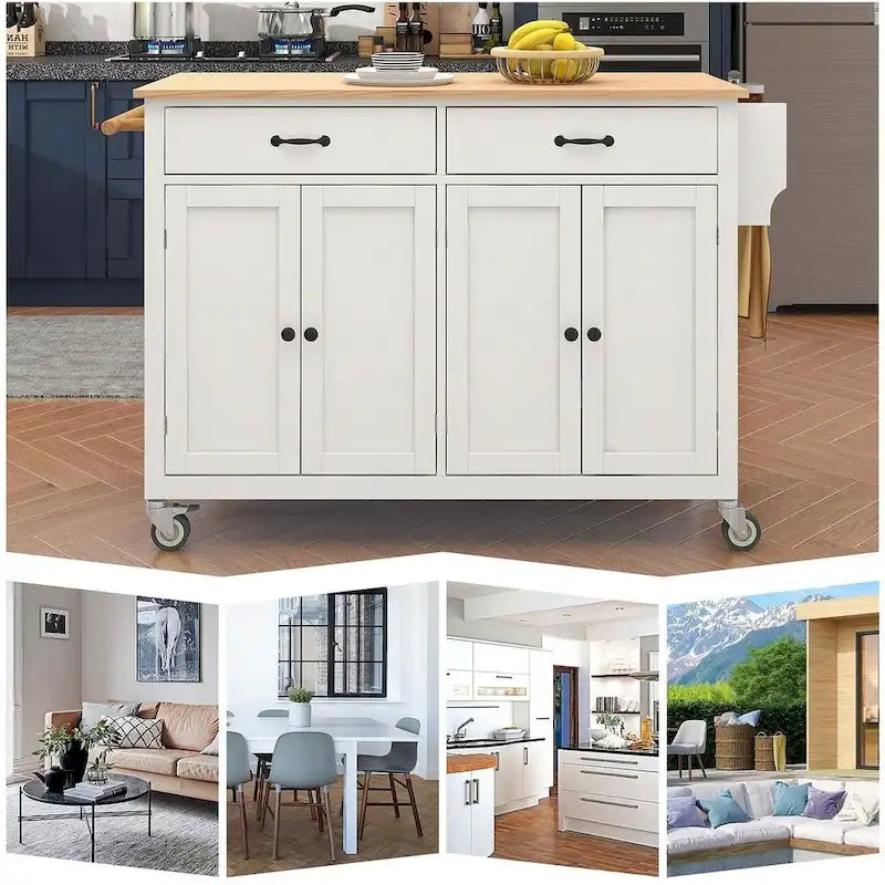 54.3  W Solid Wood Countertop Kitchen Cart with 4 Door Cabinet and 2 Drawers