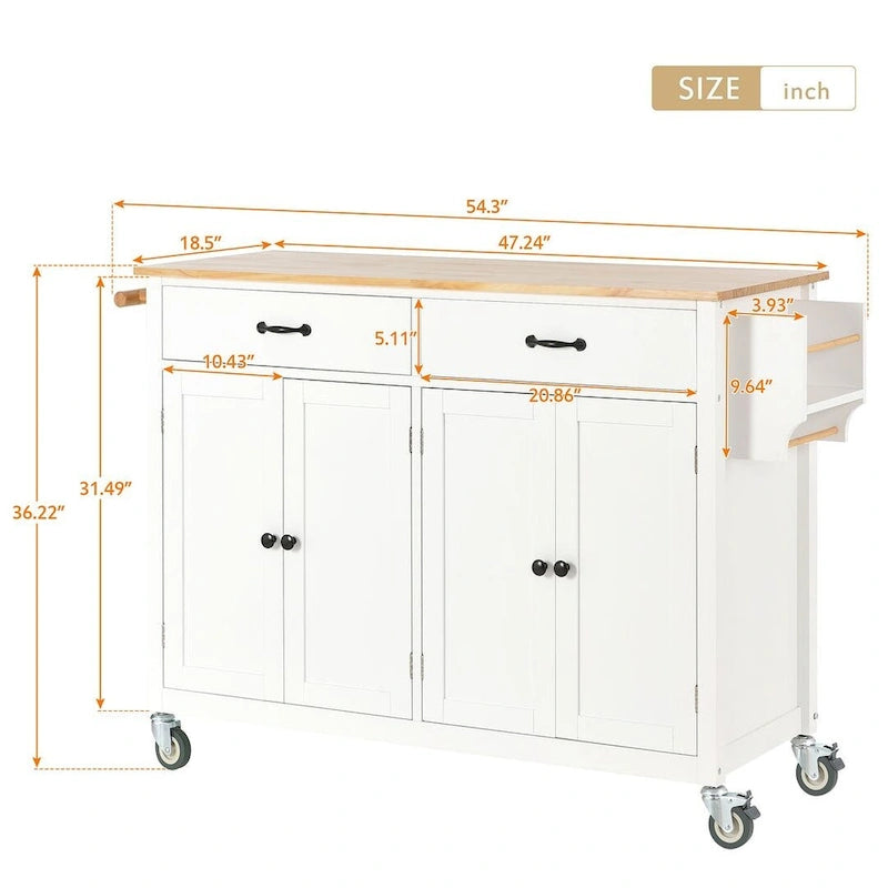 54.3  W Solid Wood Countertop Kitchen Cart with 4 Door Cabinet and 2 Drawers