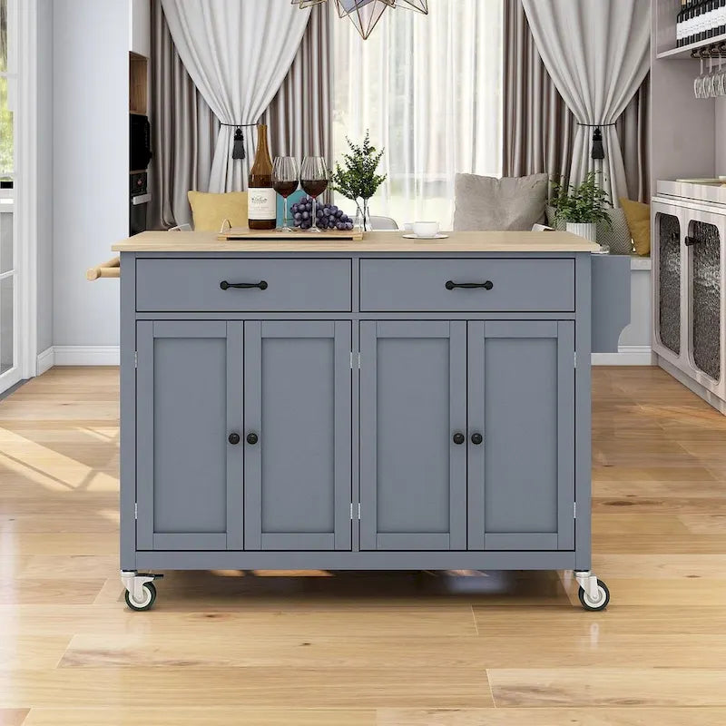 54.3  W Solid Wood Countertop Kitchen Cart with 4 Door Cabinet and 2 Drawers