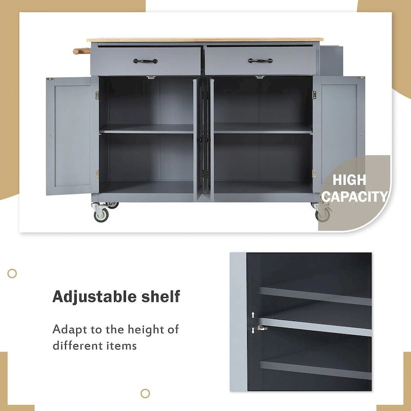54.3  W Solid Wood Countertop Kitchen Cart with 4 Door Cabinet and 2 Drawers