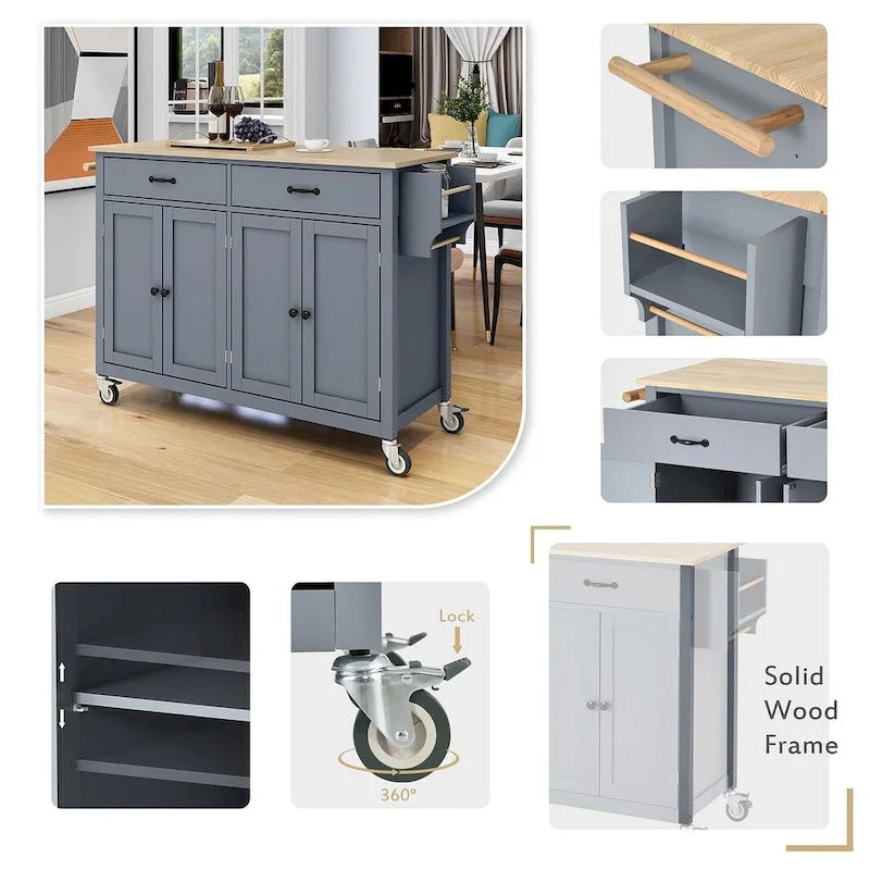 54.3  W Solid Wood Countertop Kitchen Cart with 4 Door Cabinet and 2 Drawers