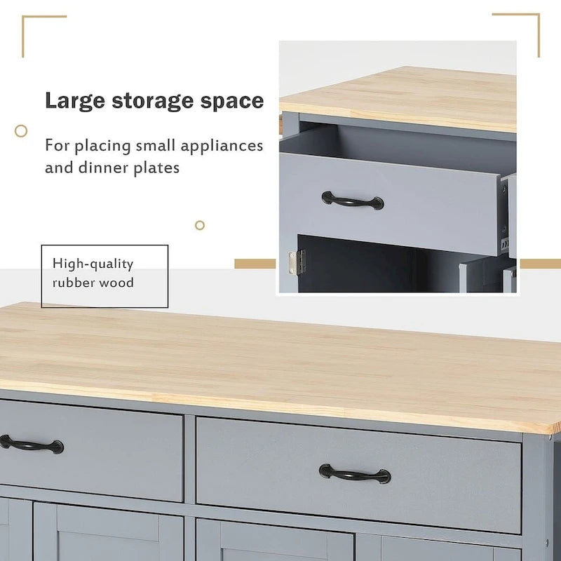 54.3  W Solid Wood Countertop Kitchen Cart with 4 Door Cabinet and 2 Drawers
