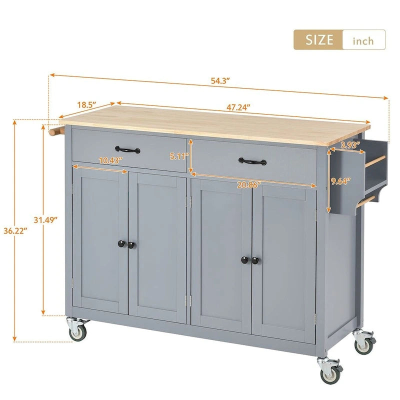 54.3  W Solid Wood Countertop Kitchen Cart with 4 Door Cabinet and 2 Drawers