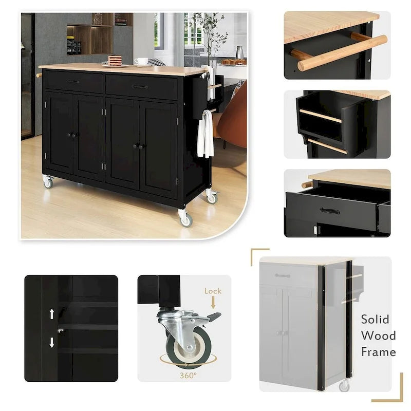 54.3  W Solid Wood Countertop Kitchen Cart with 4 Door Cabinet and 2 Drawers