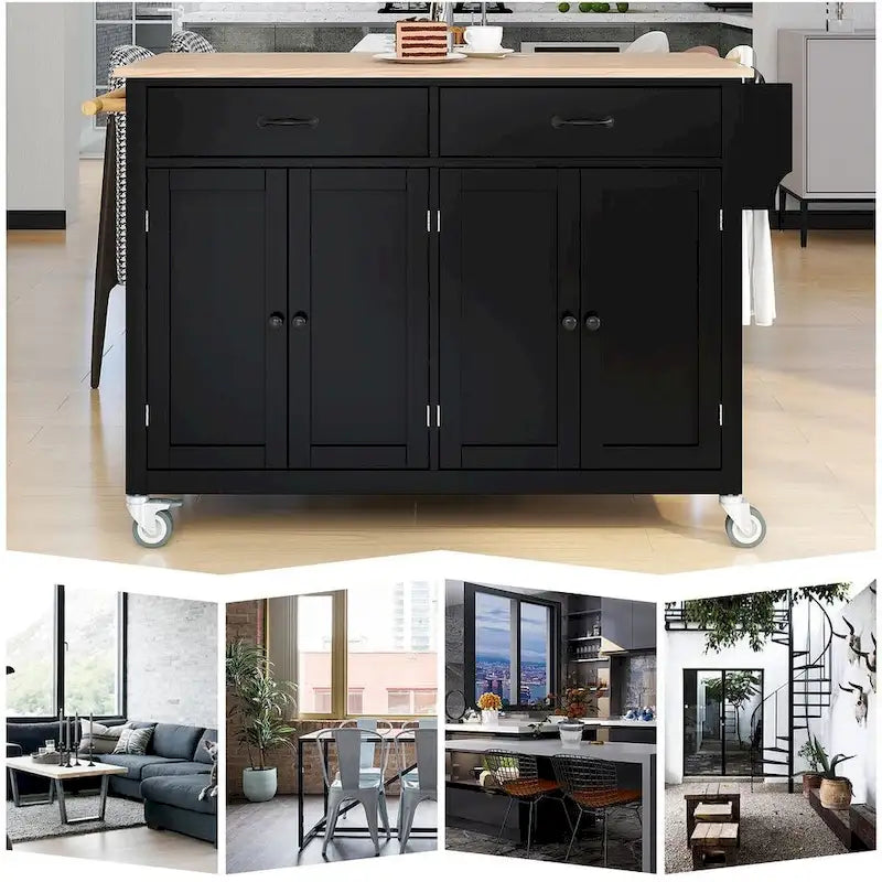 54.3  W Solid Wood Countertop Kitchen Cart with 4 Door Cabinet and 2 Drawers