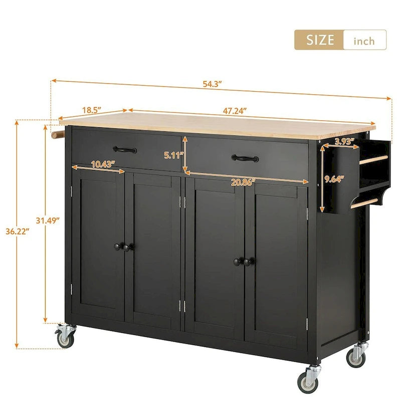54.3  W Solid Wood Countertop Kitchen Cart with 4 Door Cabinet and 2 Drawers