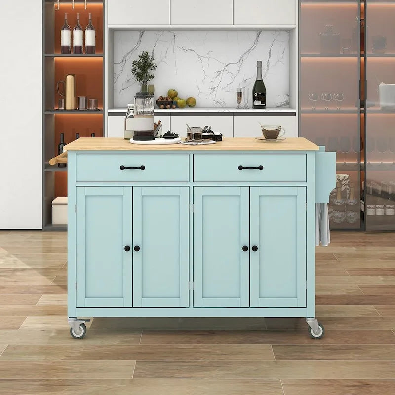 54.3  W Solid Wood Countertop Kitchen Cart with 4 Door Cabinet and 2 Drawers