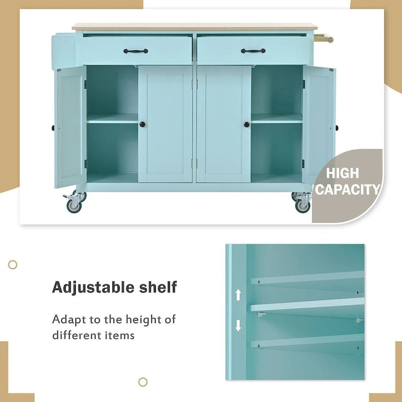 54.3  W Solid Wood Countertop Kitchen Cart with 4 Door Cabinet and 2 Drawers