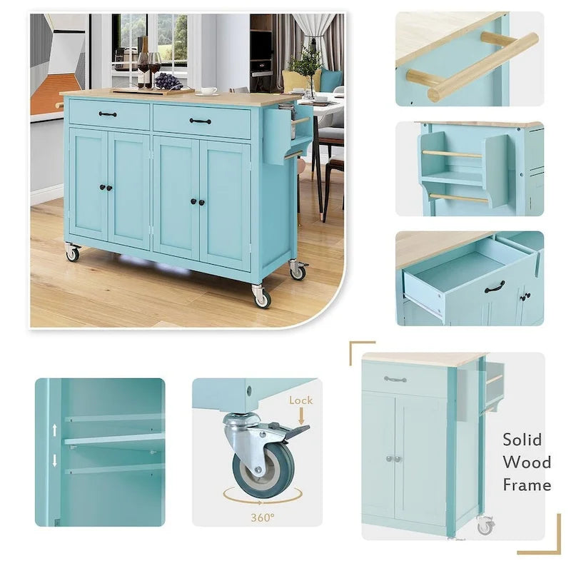 54.3  W Solid Wood Countertop Kitchen Cart with 4 Door Cabinet and 2 Drawers