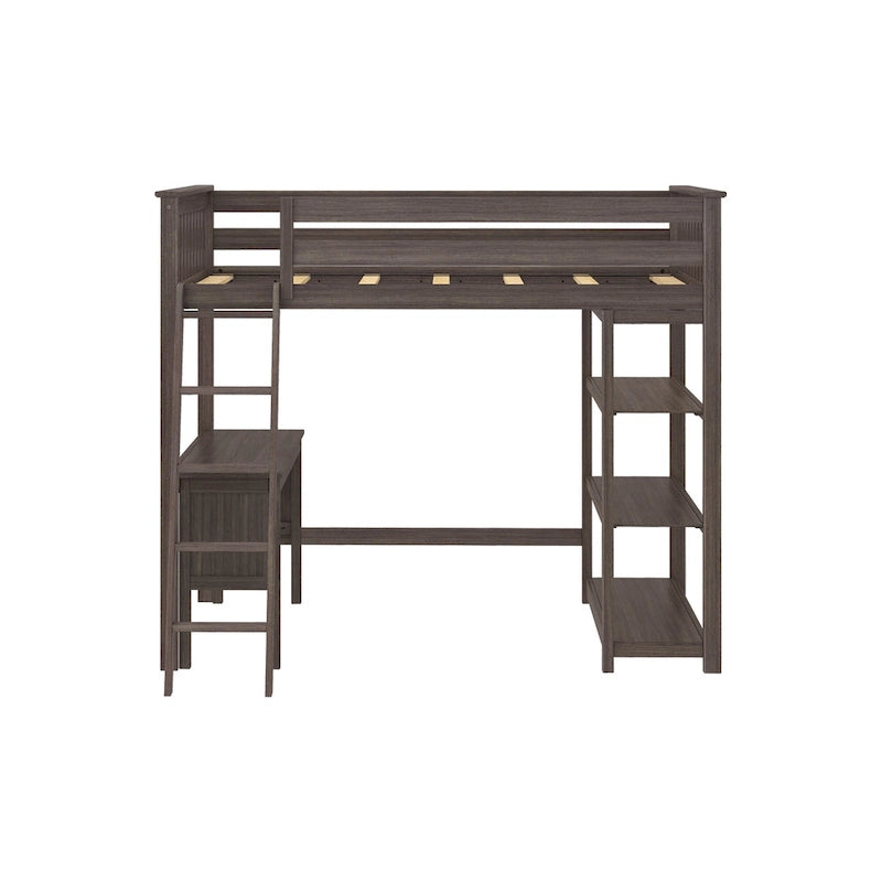 Full-Size High Loft Bed With Bookcase and Desk