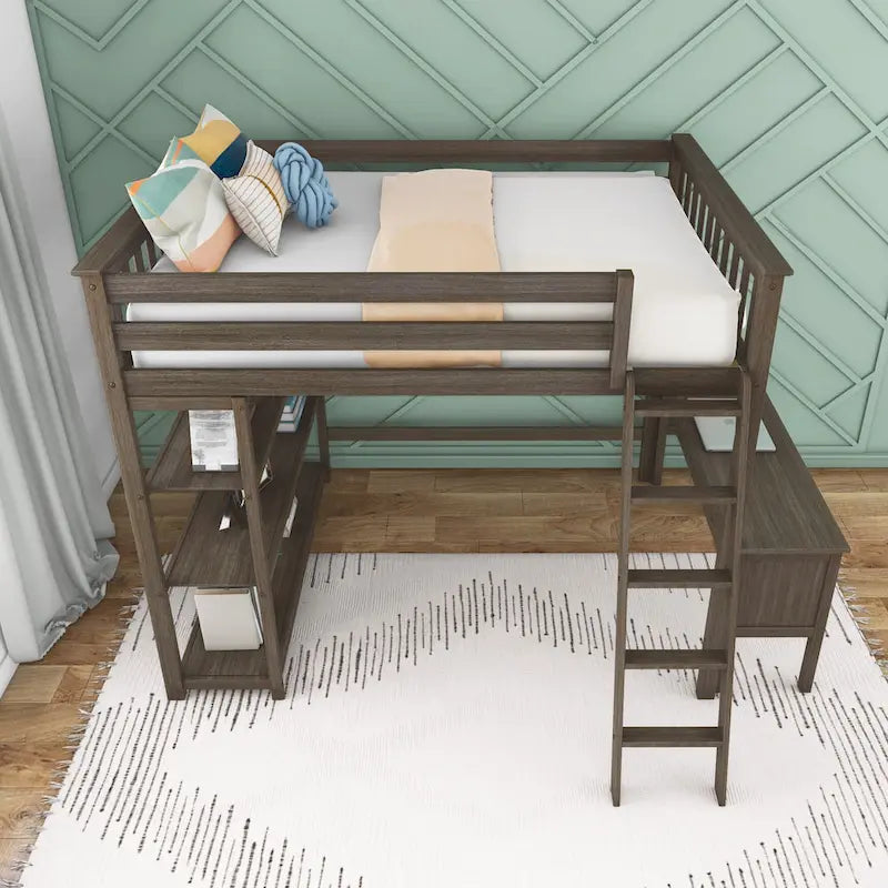 Full-Size High Loft Bed With Bookcase and Desk