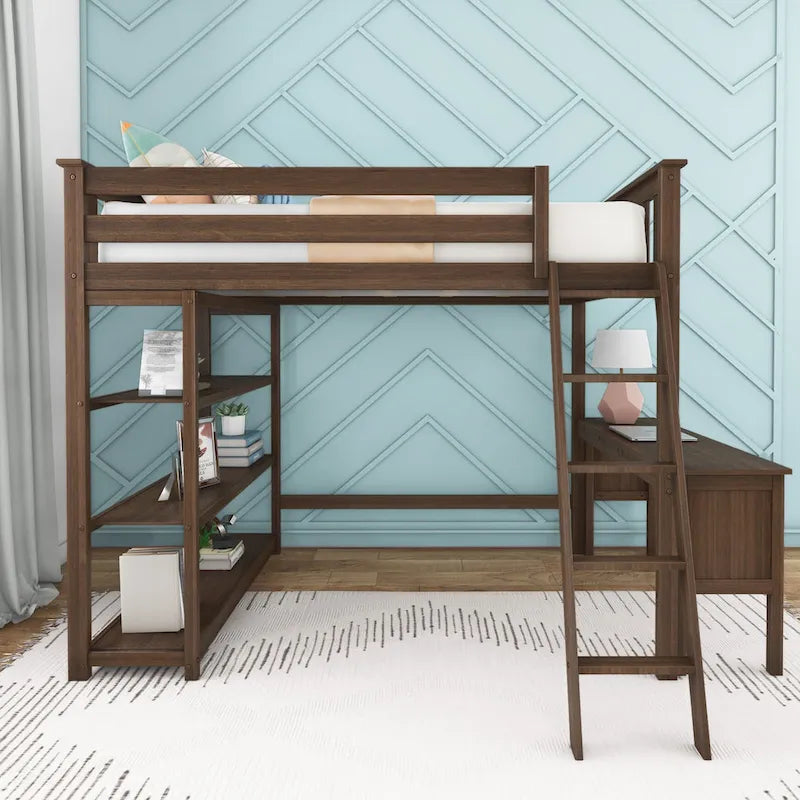 Full-Size High Loft Bed With Bookcase and Desk