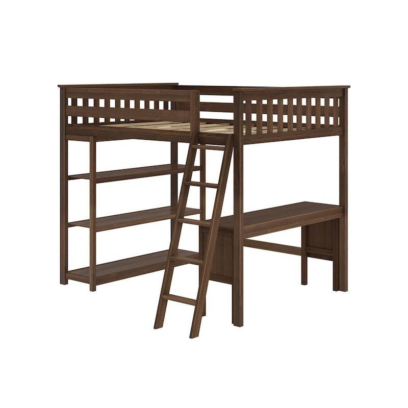 Full-Size High Loft Bed With Bookcase and Desk