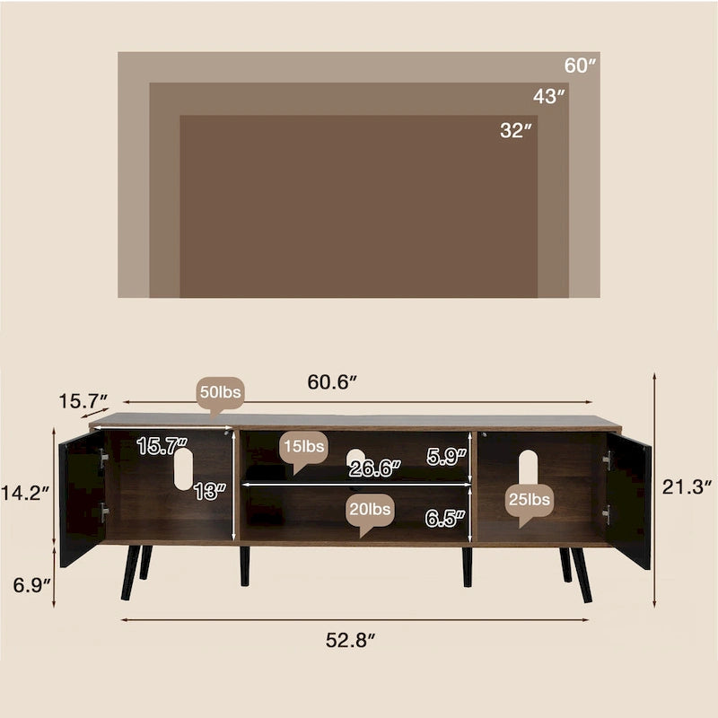 AVAWING Mid-Century Modern TV Stand for 60  TV with Storage and Open Shelf