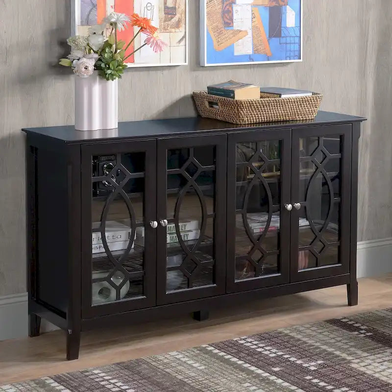 HOMCOM Wood Accent Sideboard Buffet Serving Storage Cabinet with 4 Framed Glass Doors, Adjustable Shelves - 54W x 15.5D x 32H