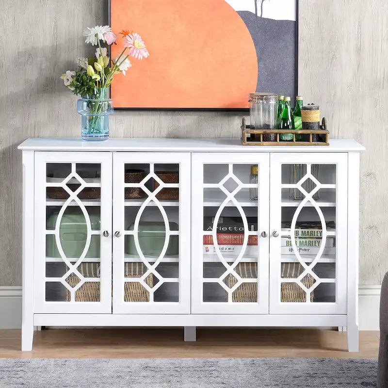 HOMCOM Wood Accent Sideboard Buffet Serving Storage Cabinet with 4 Framed Glass Doors, Adjustable Shelves - 54W x 15.5D x 32H