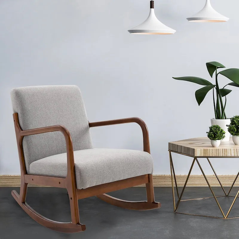 HOMCOM Rocking Chair with Curved Wood Base, Fabric Rocker with Padded Seat Home Furniture Bedroom Living Room Relax