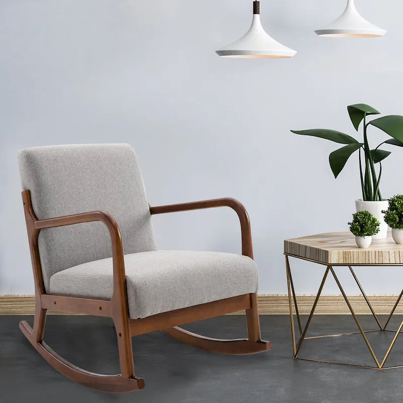 HOMCOM Rocking Chair with Curved Wood Base, Fabric Rocker with Padded Seat Home Furniture Bedroom Living Room Relax
