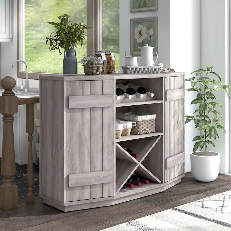 DH BASIC Farmhouse Plank-Style 28-Bottle 47-Inch Wine Cabinet Buffet by Denhour