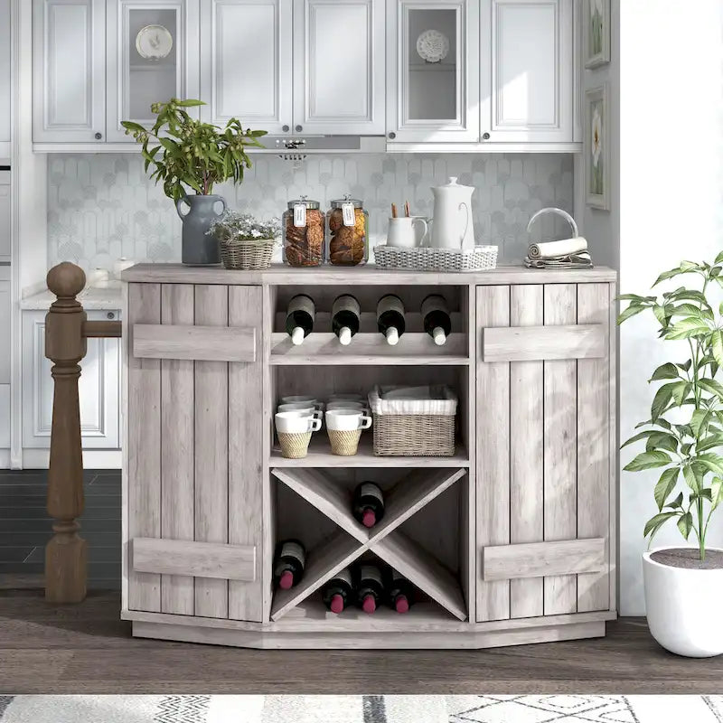 DH BASIC Farmhouse Plank-Style 28-Bottle 47-Inch Wine Cabinet Buffet by Denhour