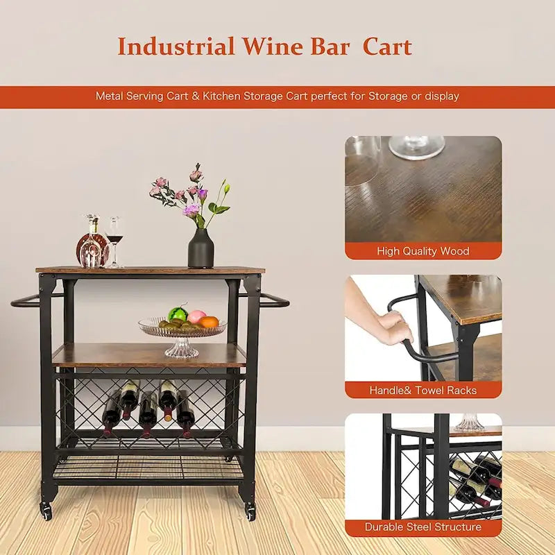 Storage Bar Cart Kitchen Shelf Serving Cart With Wine Rack