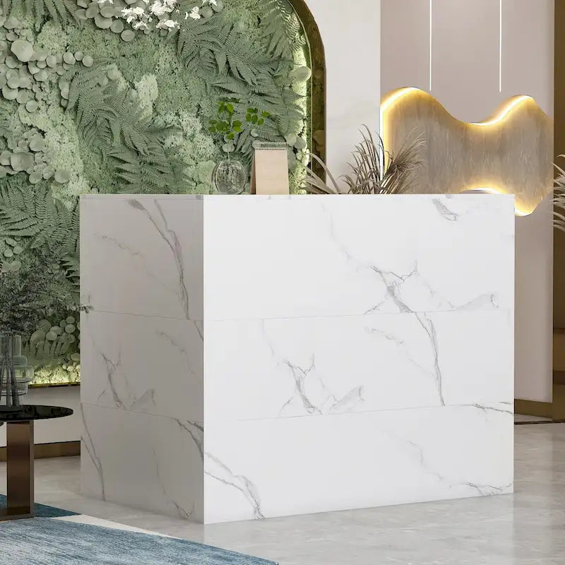 Timechee Reception Desk L-Shaped Counter Shelves Drawers Reception Table