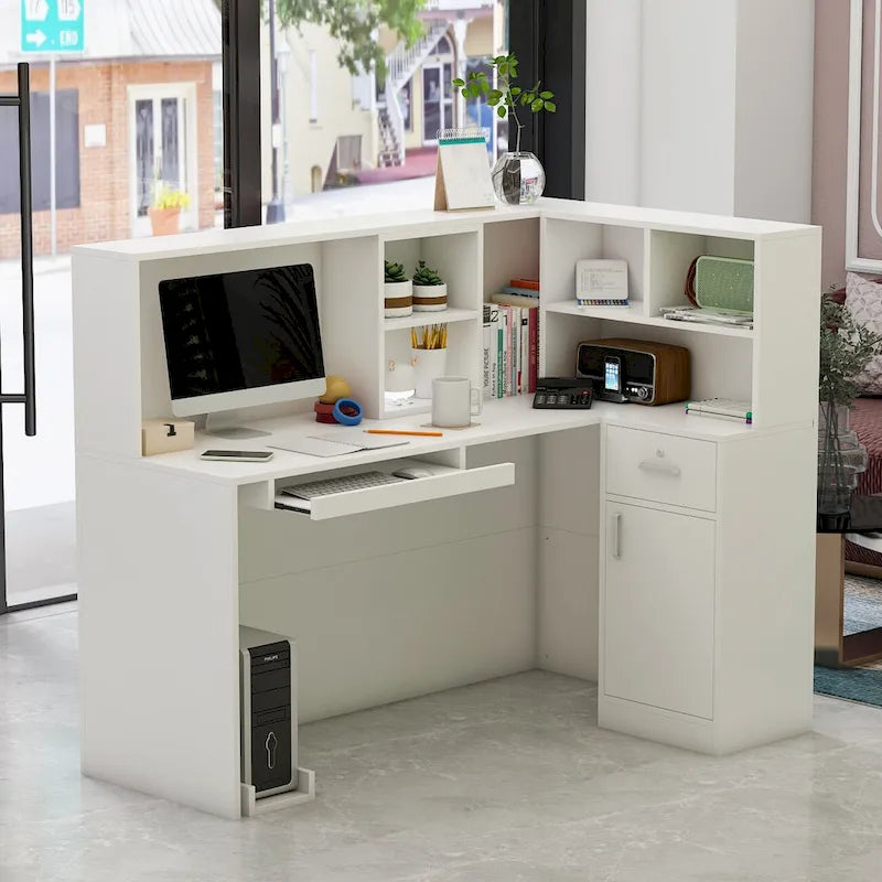 Timechee Reception Desk L-Shaped Counter Shelves Drawers Reception Table