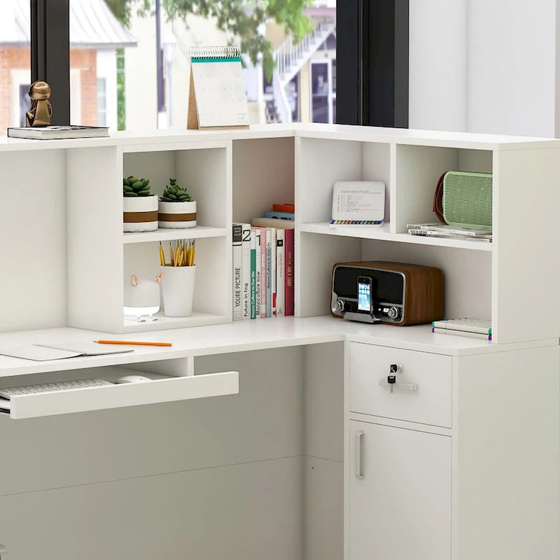 Timechee Reception Desk L-Shaped Counter Shelves Drawers Reception Table