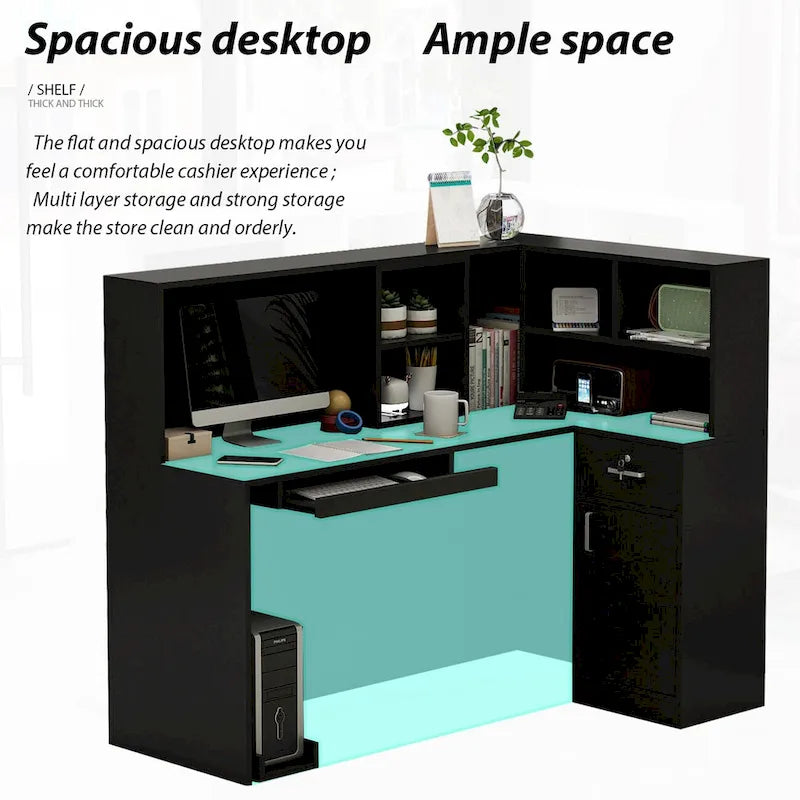 Timechee Reception Desk L-Shaped Counter Shelves Drawers Reception Table
