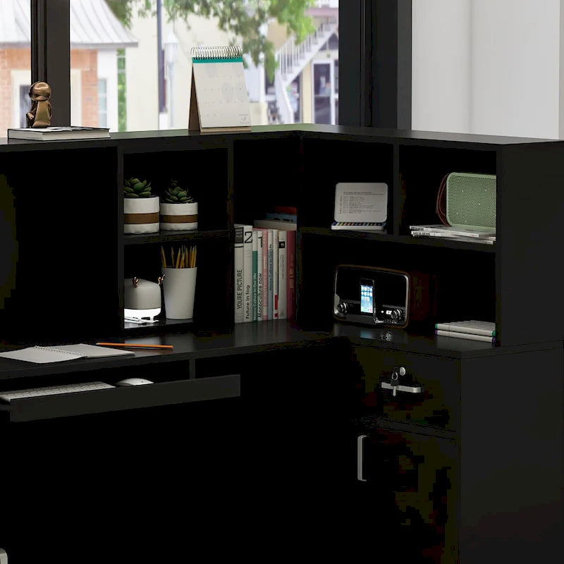 Timechee Reception Desk L-Shaped Counter Shelves Drawers Reception Table