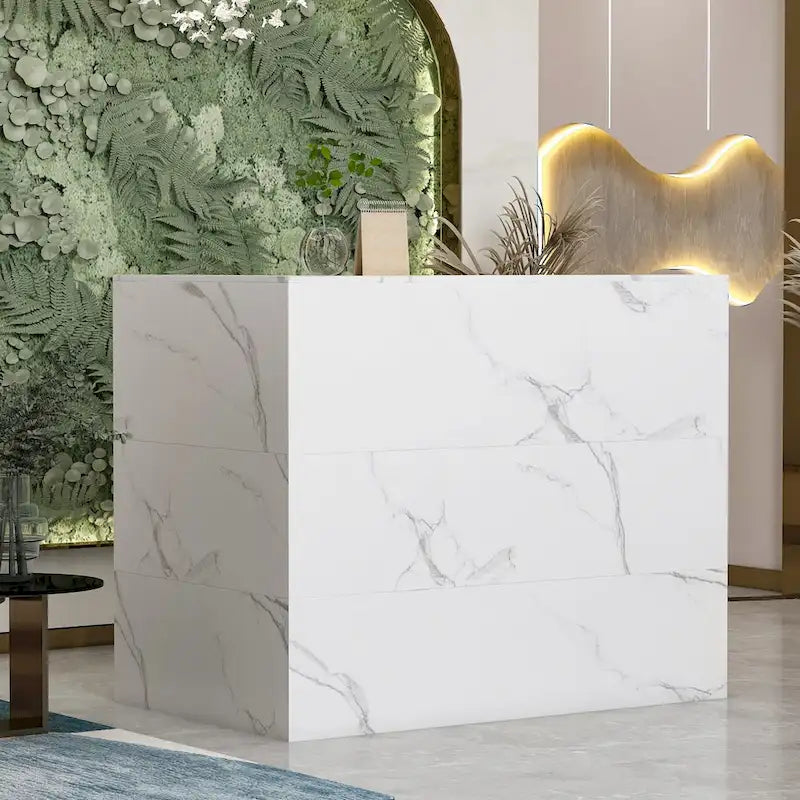 Timechee Reception Desk L-Shaped Counter Shelves Drawers Reception Table