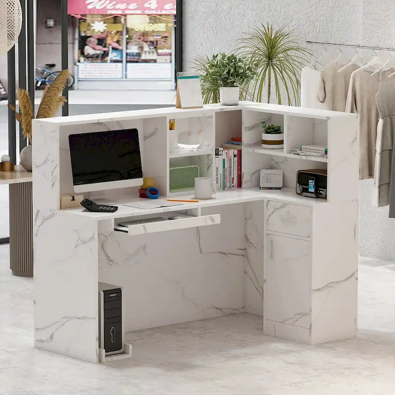 Timechee Reception Desk L-Shaped Counter Shelves Drawers Reception Table