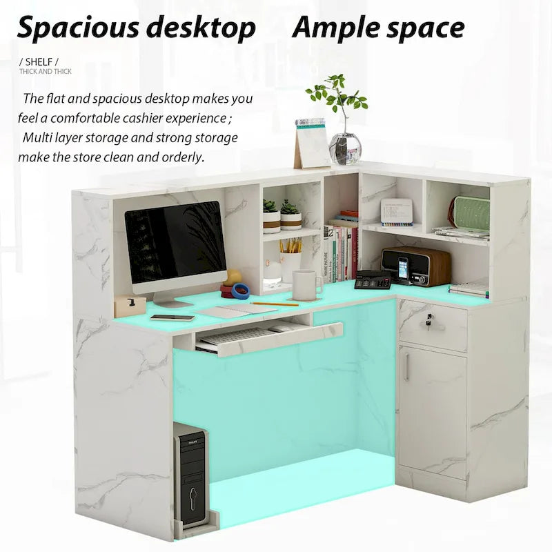 Timechee Reception Desk L-Shaped Counter Shelves Drawers Reception Table