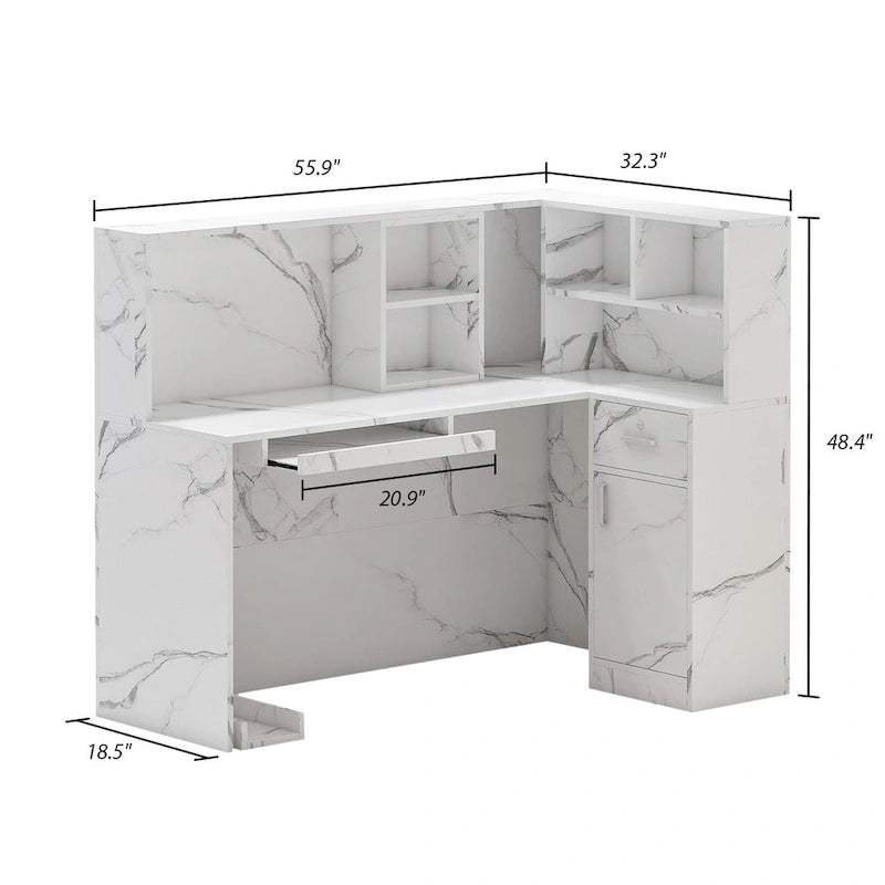 Timechee Reception Desk L-Shaped Counter Shelves Drawers Reception Table