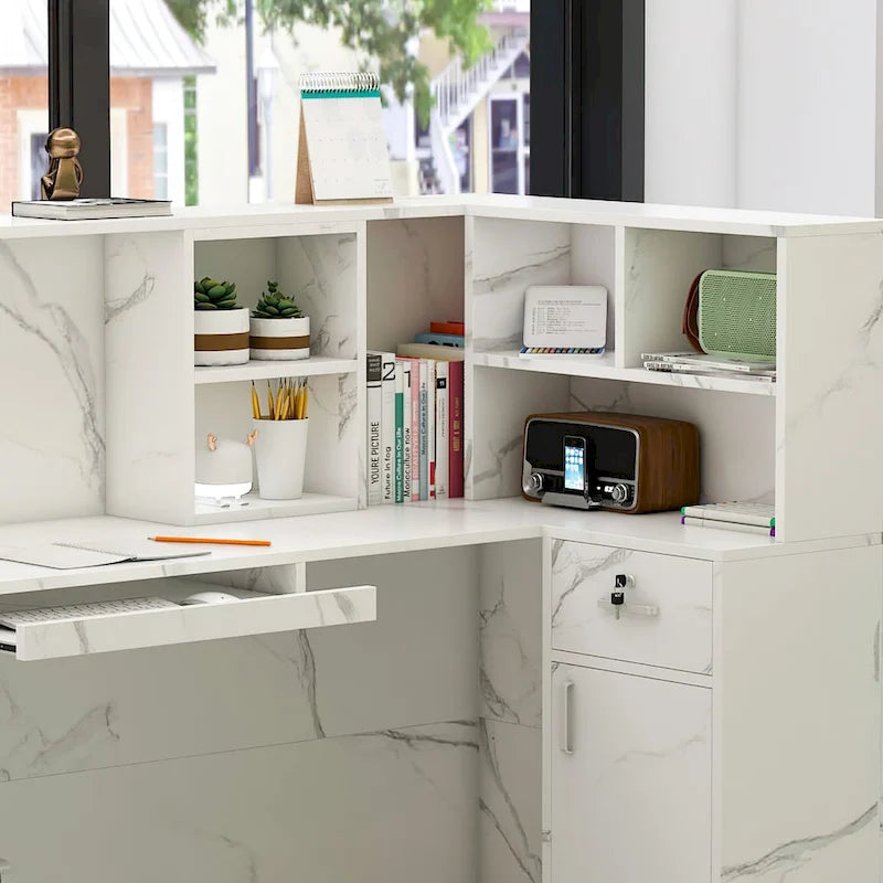 Timechee Reception Desk L-Shaped Counter Shelves Drawers Reception Table