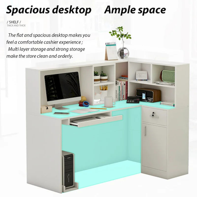 Timechee Reception Desk L-Shaped Counter Shelves Drawers Reception Table